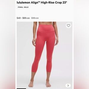 lululemon athletica align leggings size 10🌵desert red ♥️23 inch inseam